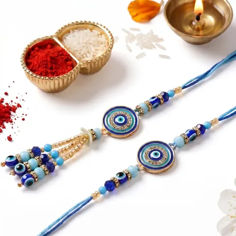 Designer Blue Beaded Pearl Bhaiya Bhabhi Rakhi Set alternate view
