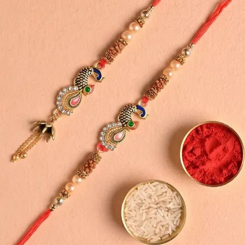 Peacock Pearl Luxe Rakhi Duo Set for Bhaiya Bhabhi