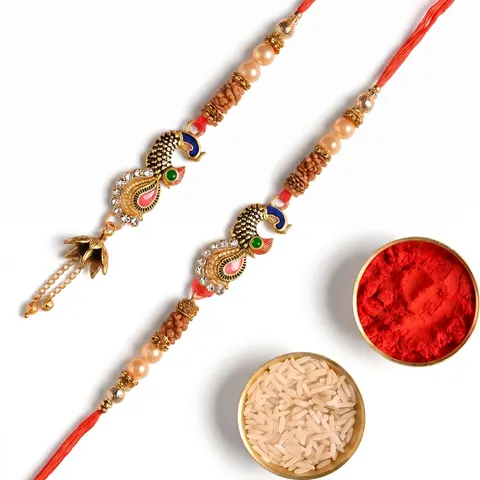 Peacock Pearl Luxe Rakhi Duo Set for Bhaiya Bhabhi alternate view