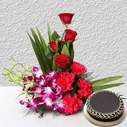 Orchids, Carnations, Roses Basket+Cake