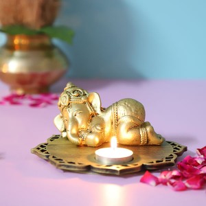 Sleeping Ganesha Idol With Decorative wooden Base and T light