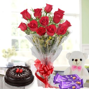 Flower Cake Hamper - 12 red roses chocolate cake teddy chocolate bars