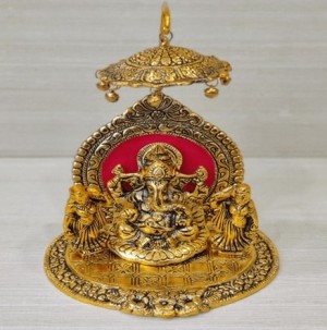 Golden Oxidised Sitting Lord Ganesha Statue