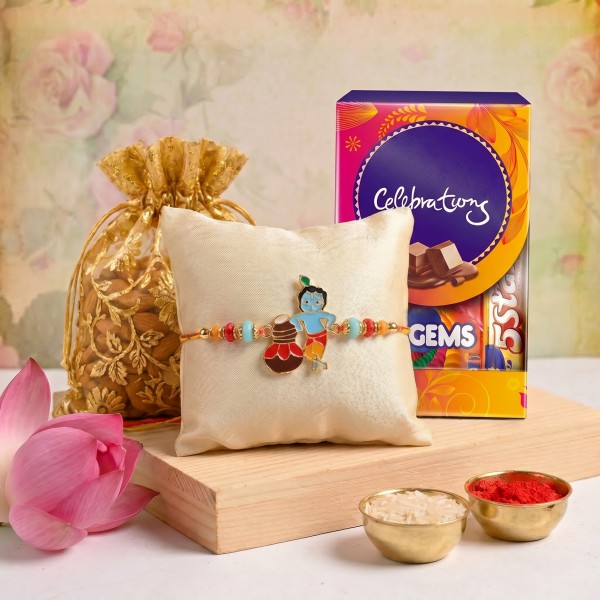 Standing Kanha Rakhi Gift Box with Dry Fruits and Chocolates - Main