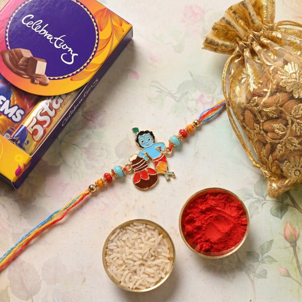 Standing Kanha Rakhi Gift Box with Dry Fruits and Chocolates - Angle 2