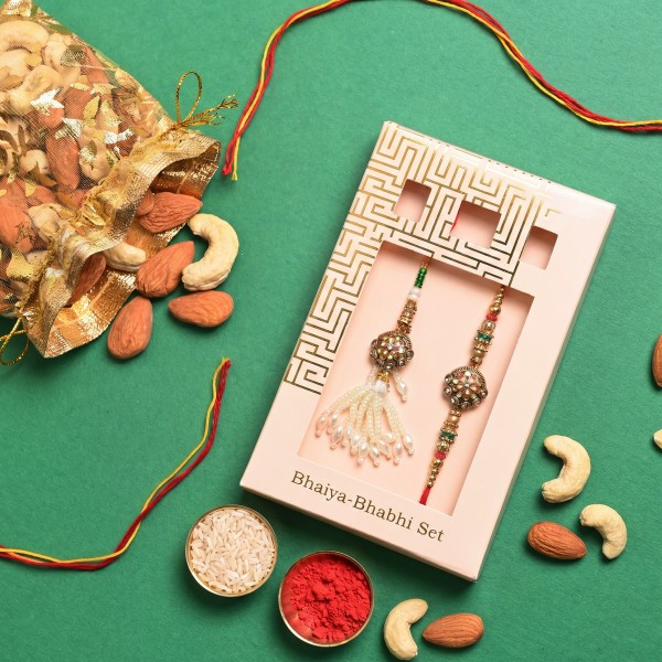 Beads Pendant Rakhi Set for Bhaiya Bhabhi with Dry Fruits - Angle 3
