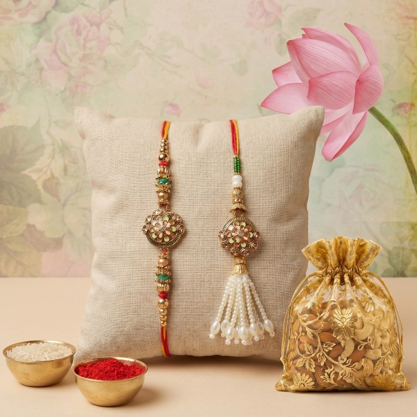 Beads Pendant Rakhi Set for Bhaiya Bhabhi with Dry Fruits - Angle 2