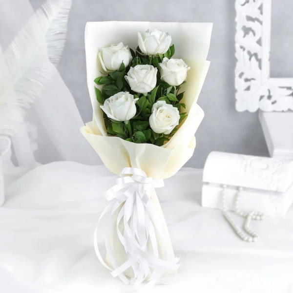 Snow Blossom 6 White Roses Bouquet
