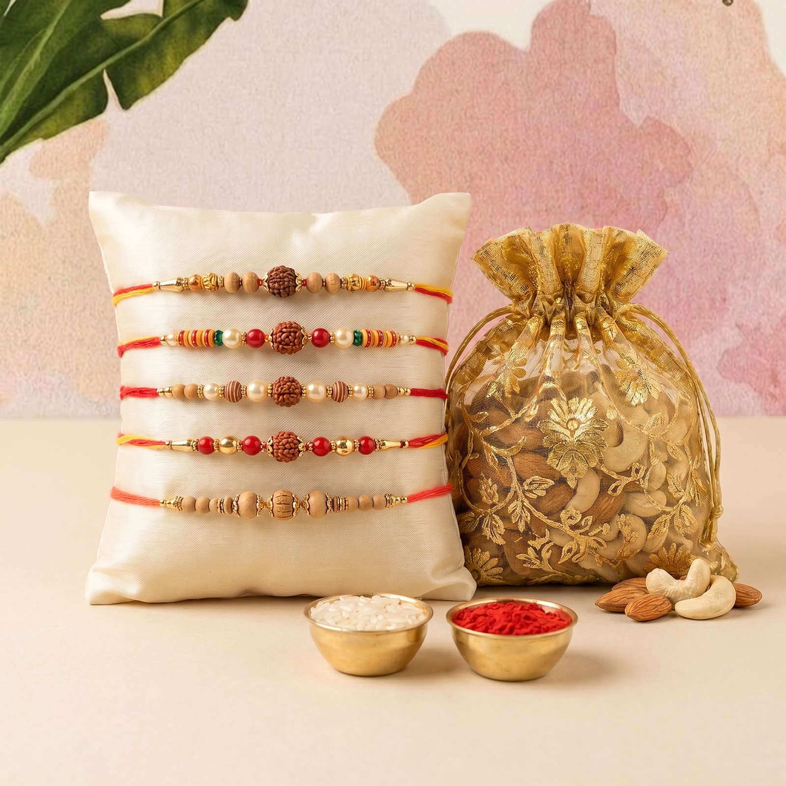 Auspicious Rudraksha & Chandan Rakhi Set with Dry Fruits